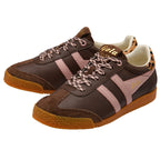 Brown and pink trainers with animal print accents on a white background