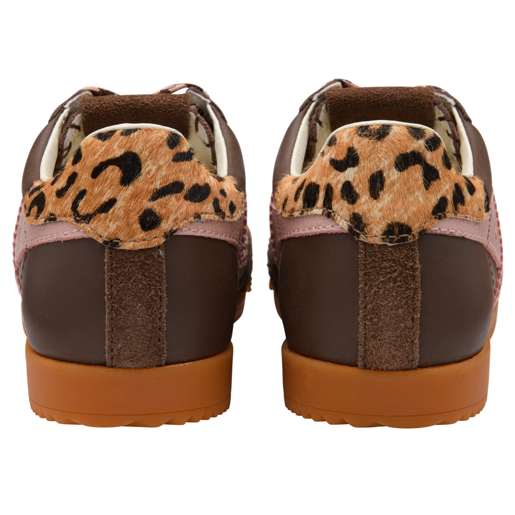 Rear view of brown trainers with animal print heel tabs and gum soles
