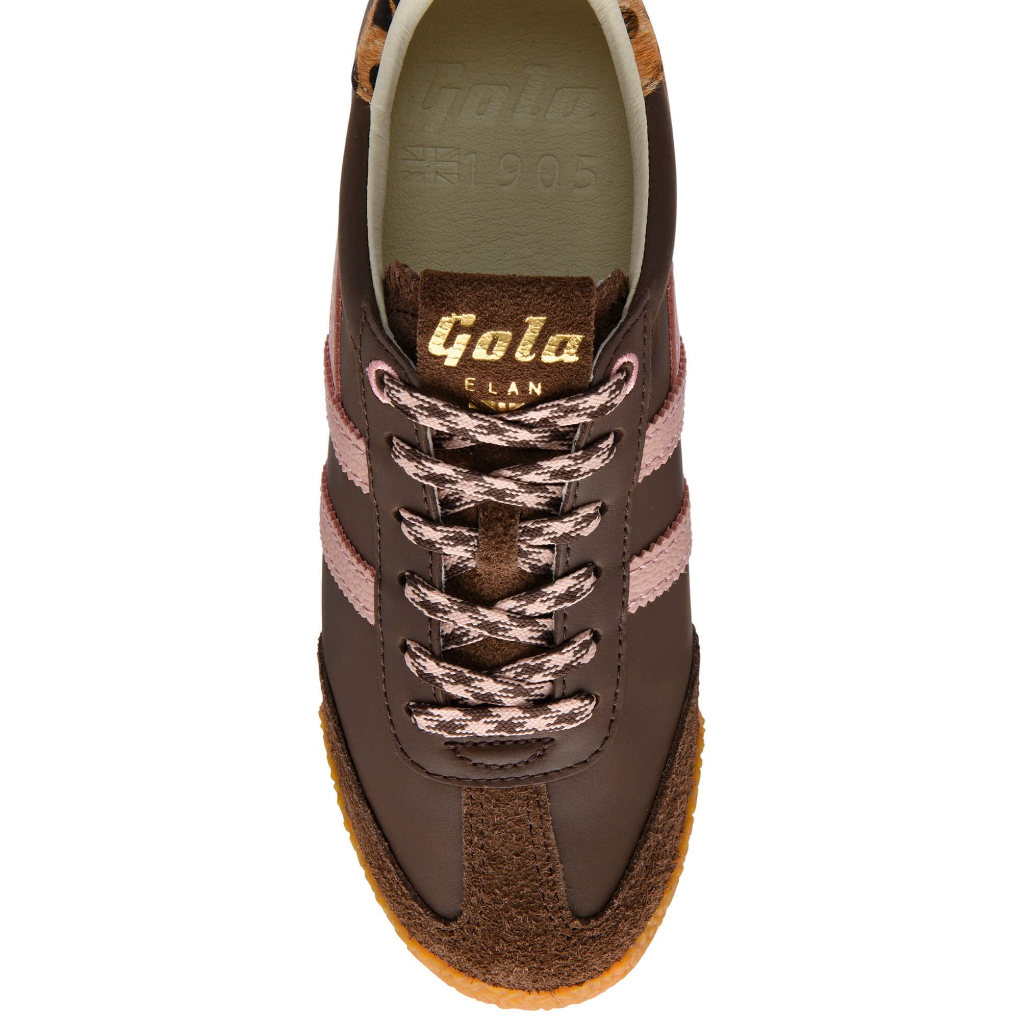 Brown Gola trainer with pink accents on a white background