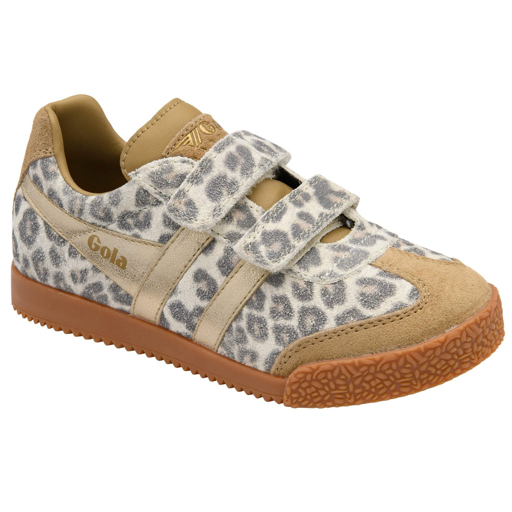 Gola trainer in cheetah print with gold stripes and tan suede accents on a white background