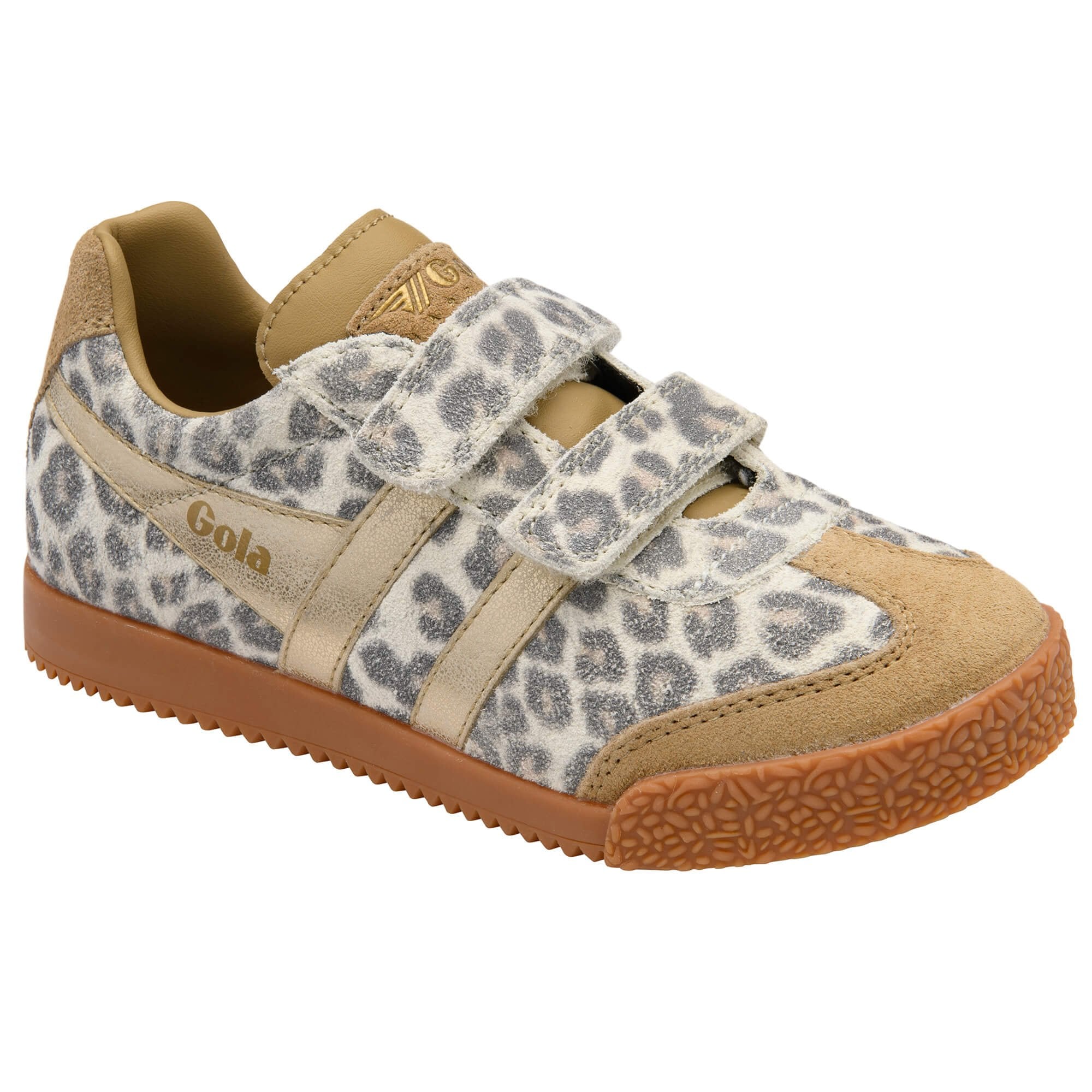 Gola trainer in cheetah print with gold stripes and tan suede accents on a white background