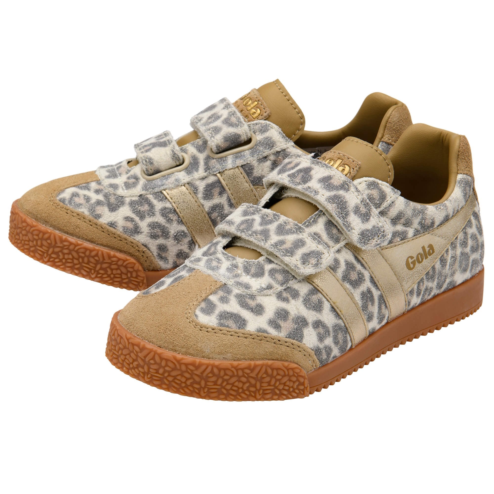 Pair of Gola strap trainers in tan and off-white with gold accents on a white background