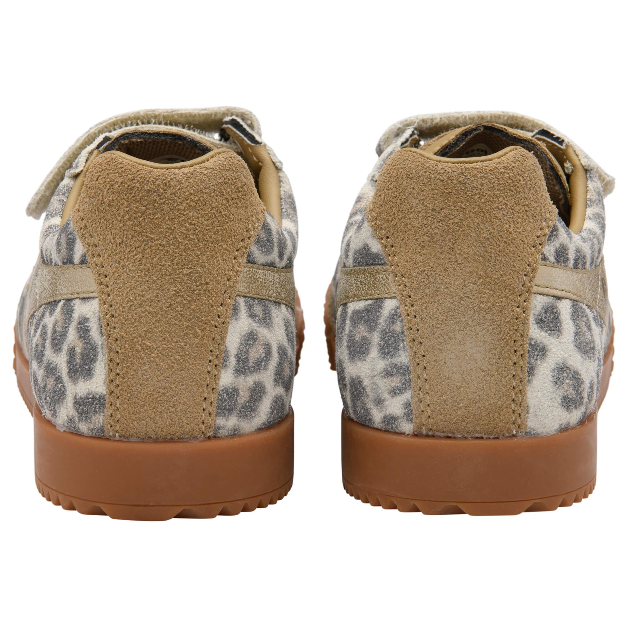 Pair of children's Gola trainers with leopard print pattern on a white background