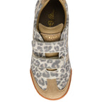 Gola trainer in beige and grey cheetah print with two velcro straps on a white background