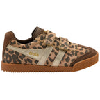 Leopard print Gola trainer with brown accents on a white background