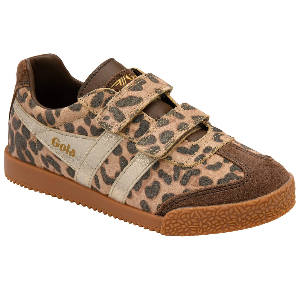 Leopard print Gola trainer with brown accents on a white background