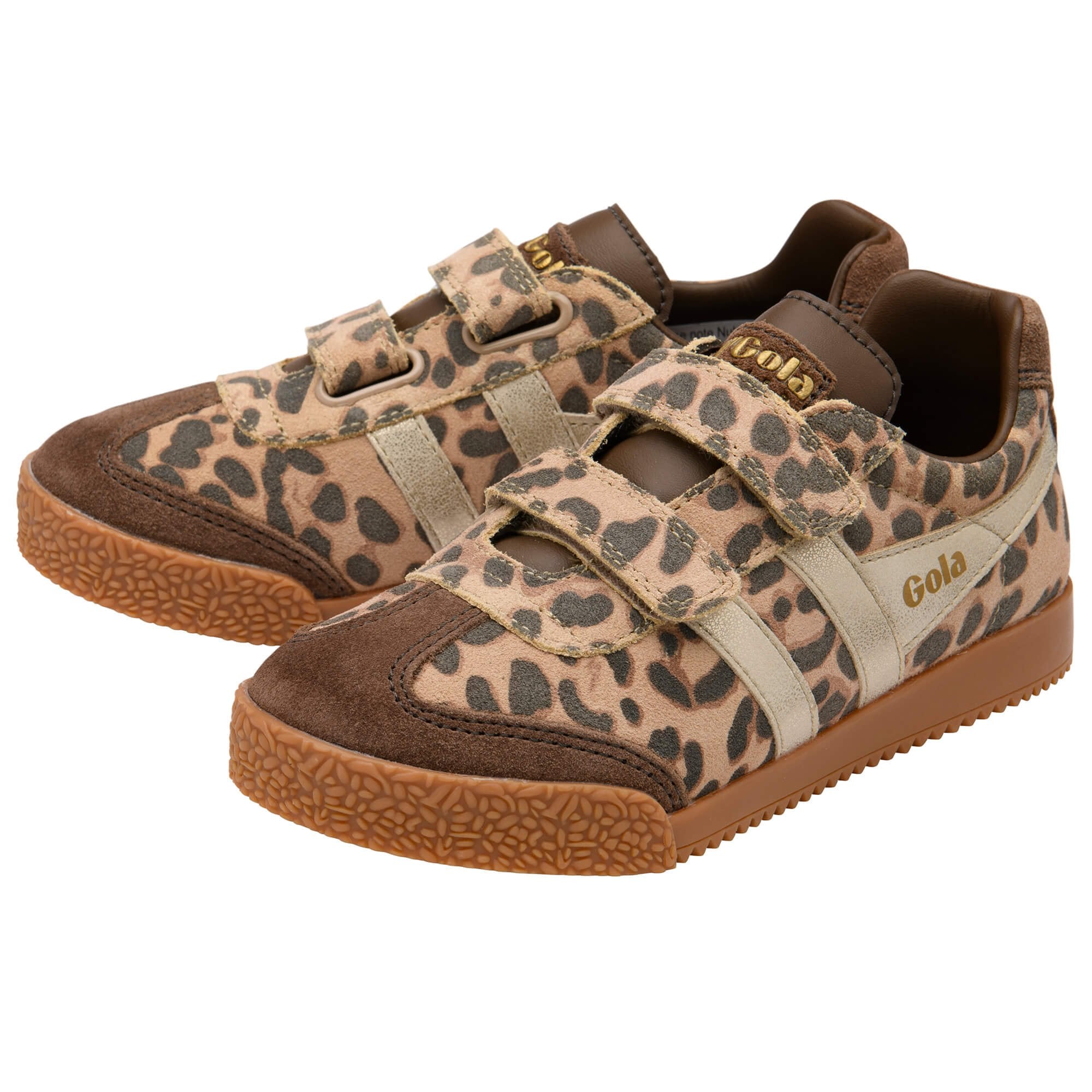 Pair of Gola trainers in brown and tan cheetah print with brown suede toe and heel on a white background