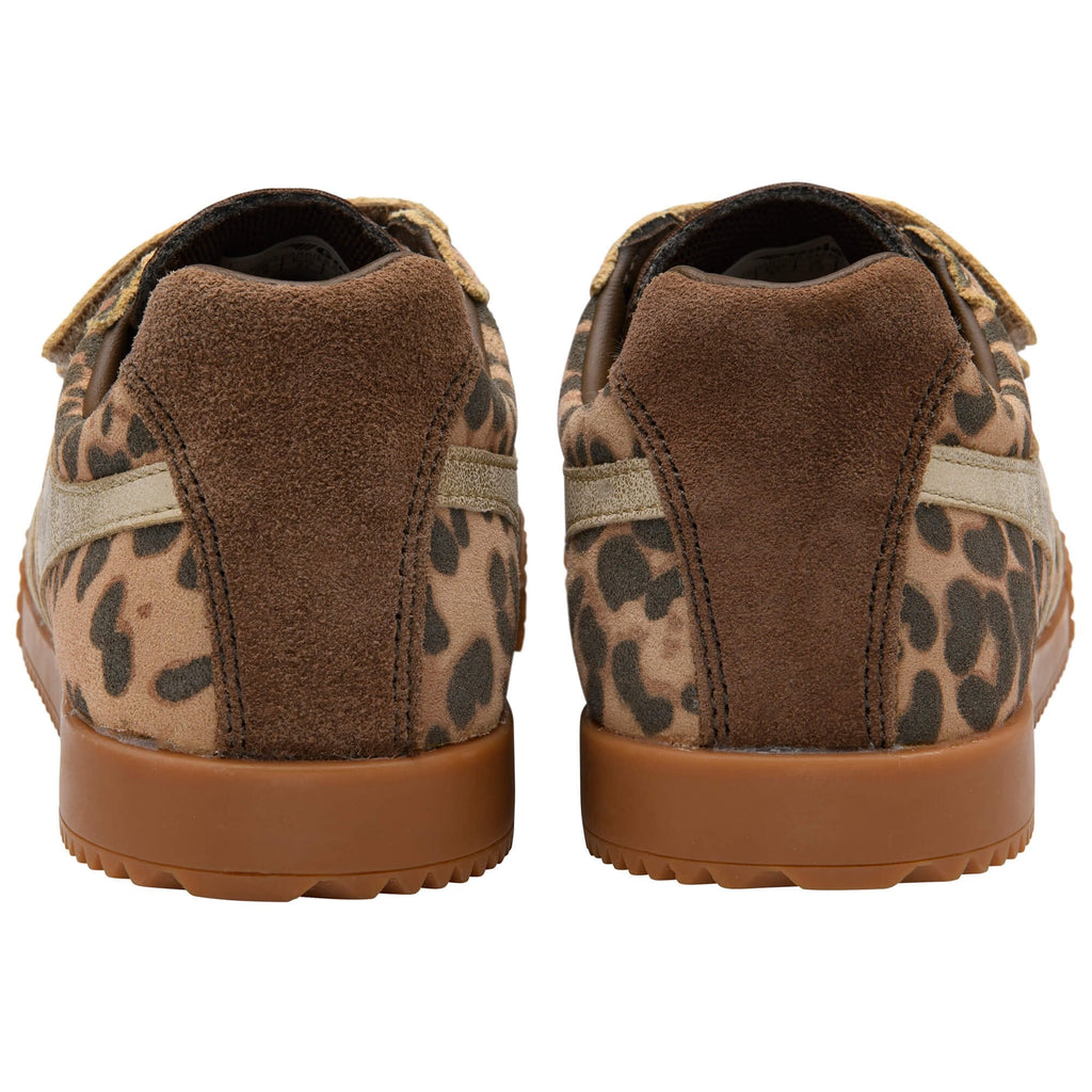 Pair of brown Gola trainers with leopard print pattern on a white background