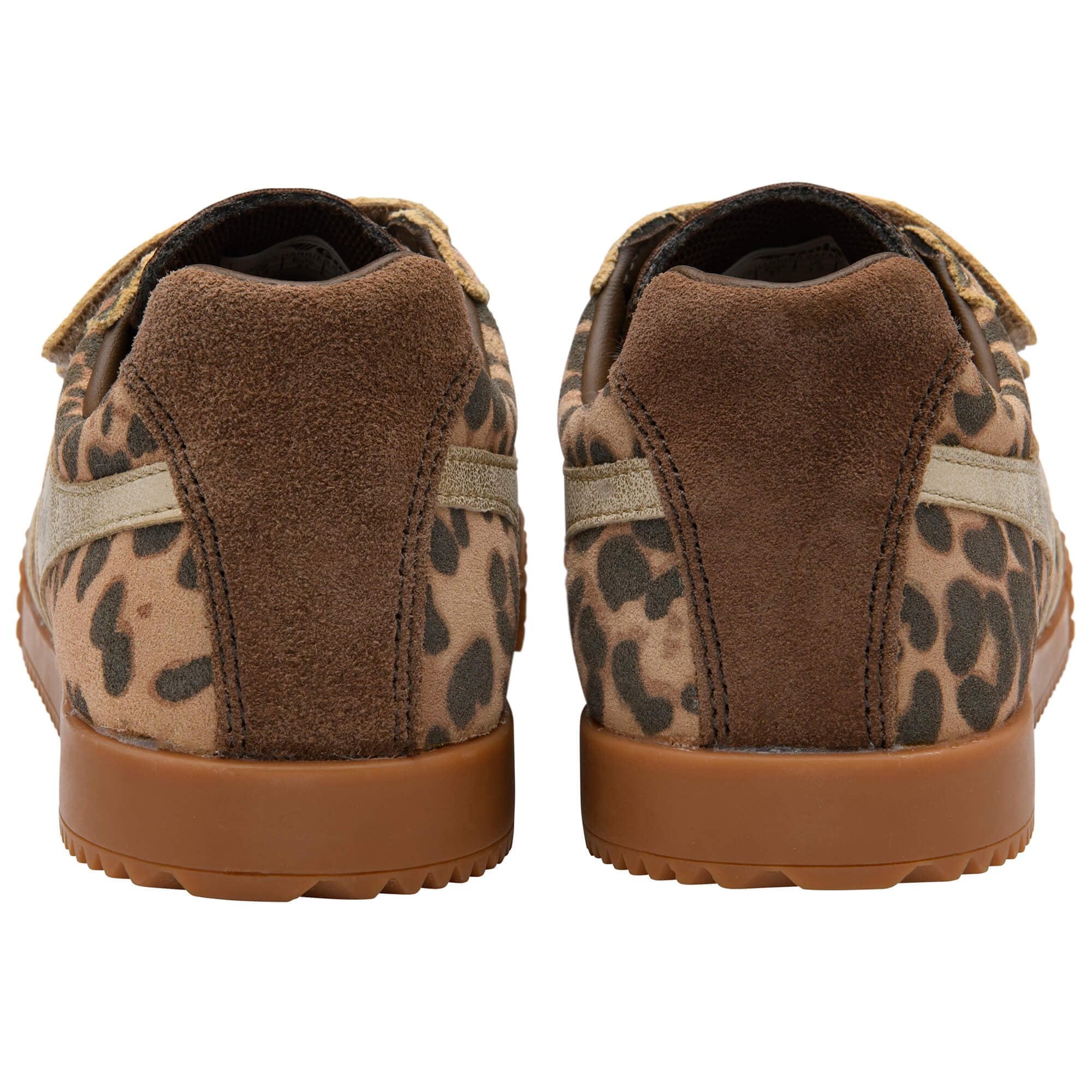 Pair of brown Gola trainers with leopard print pattern on a white background