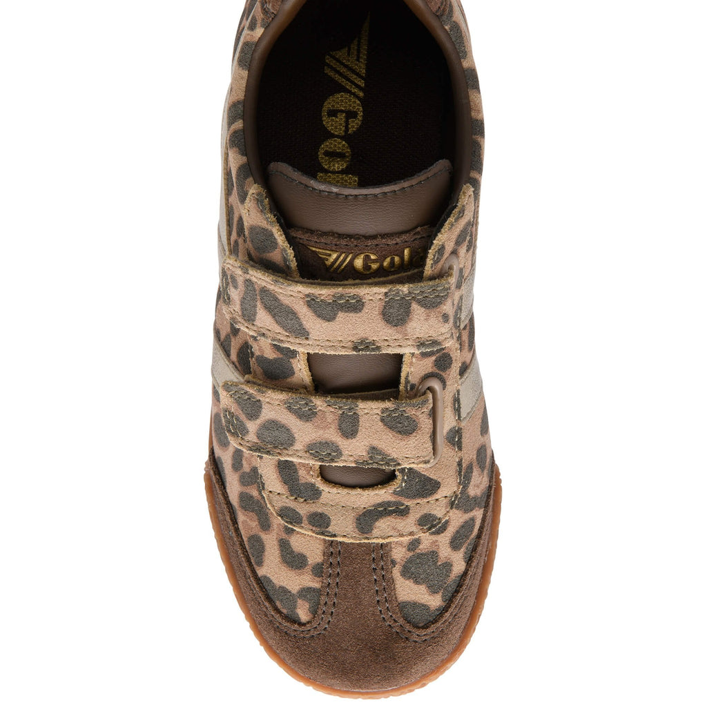 Leopard print Gola trainer with brown sole on a white background