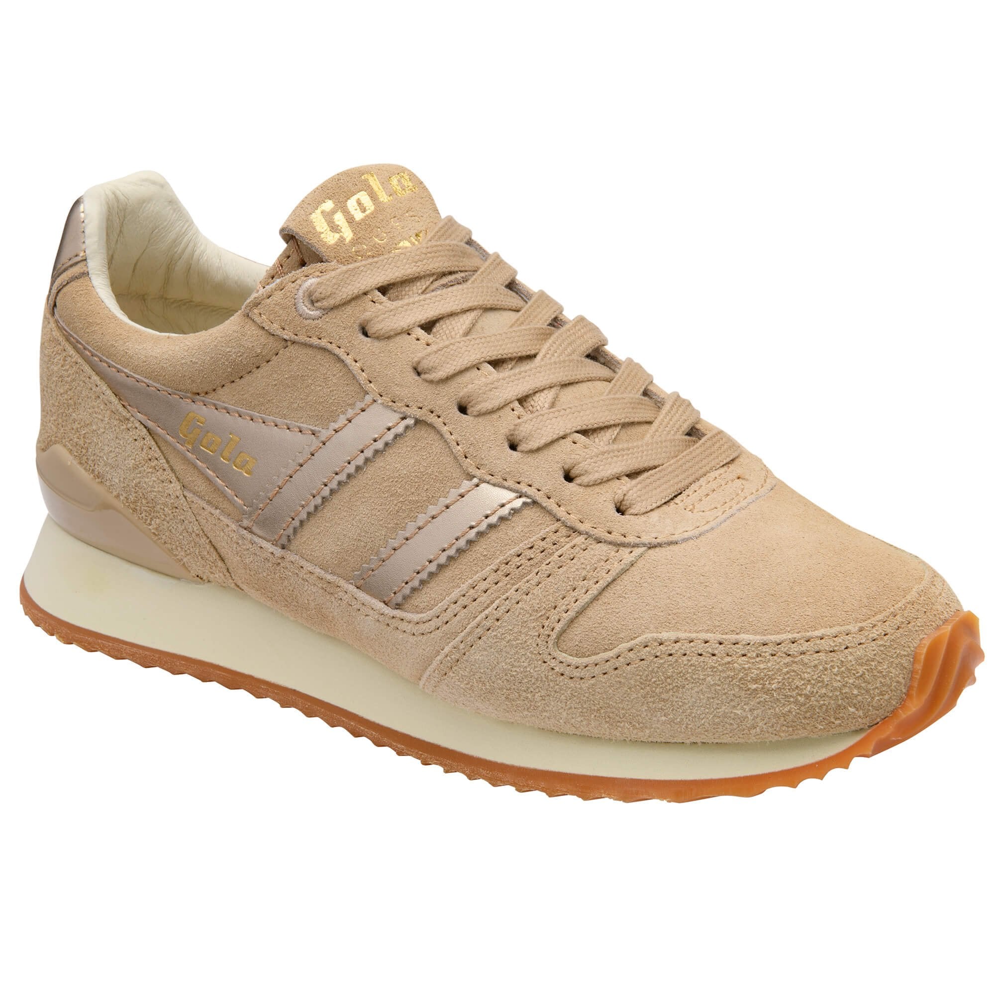 Beige trainer with brown sole on a white background
