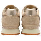 Pair of Gola sneakers, rear view. Beige suede, gold heel tab, cream midsole, and brown rubber sole