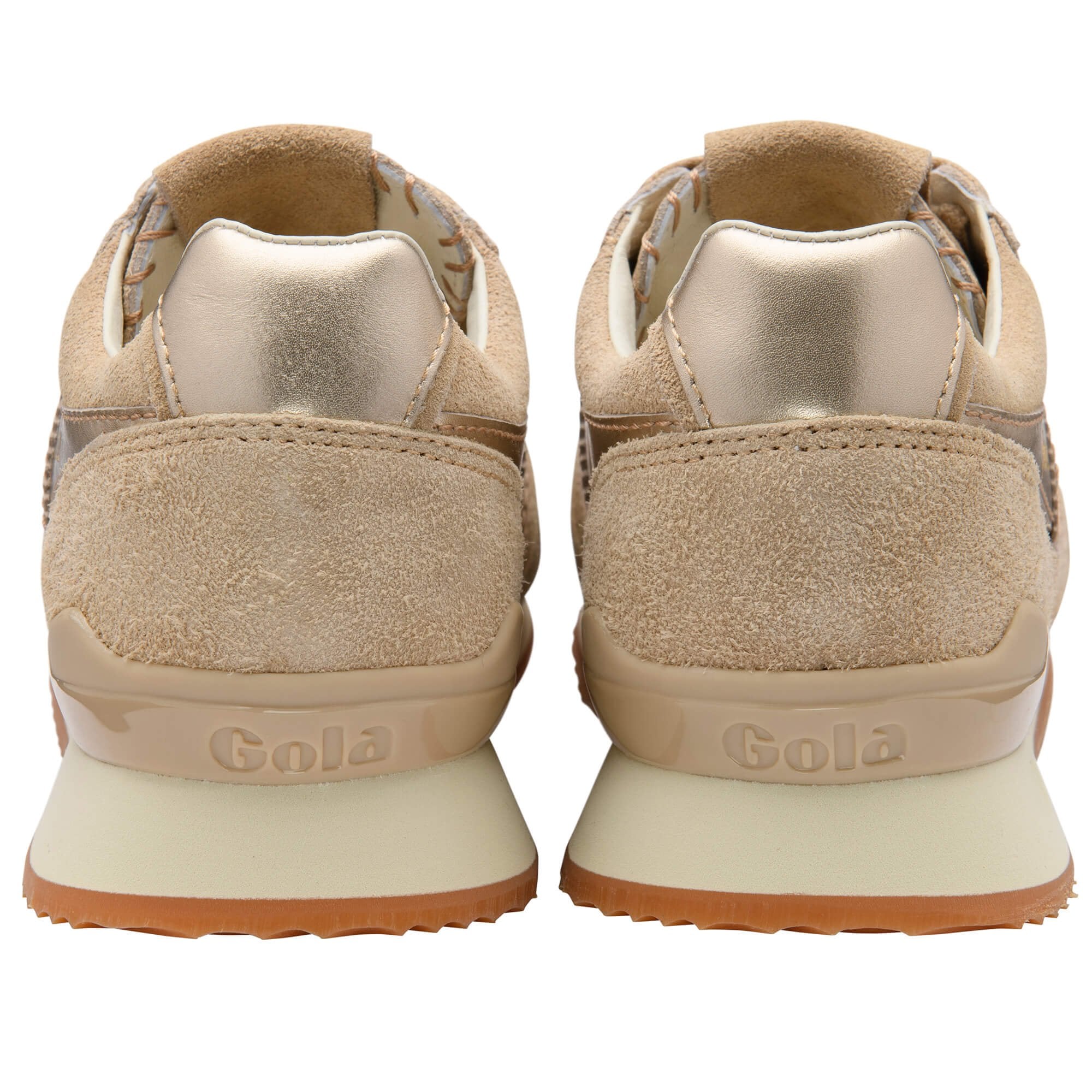 Pair of Gola sneakers, rear view. Beige suede, gold heel tab, cream midsole, and brown rubber sole
