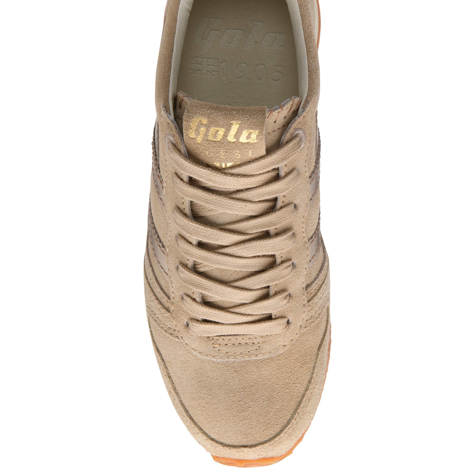 Top-down view of a beige suede Gola trainer with matching laces and a gold Gola logo on the tongue