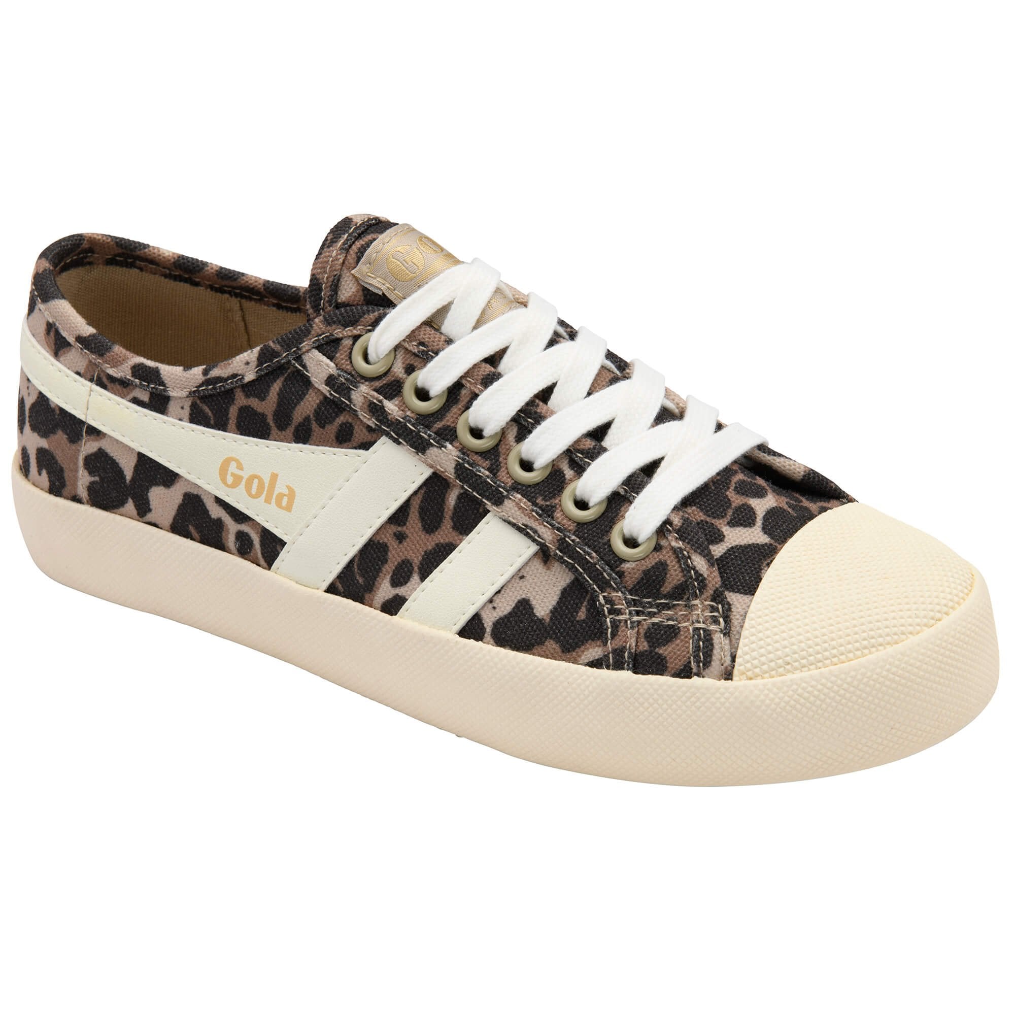 Leopard print trainer with white laces and sole on a white background