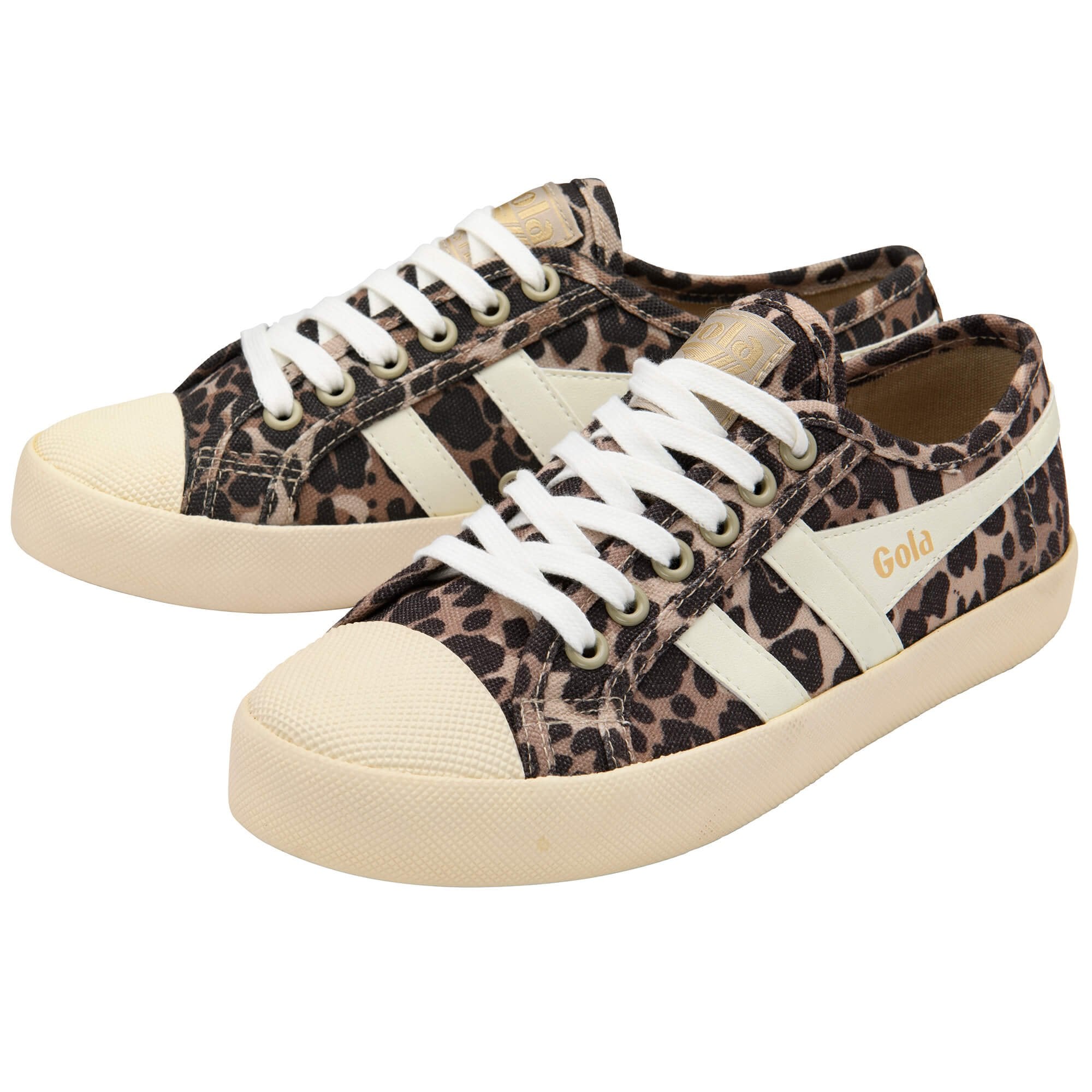 Pair of Gola Coaster trainers in leopard print with white laces and cream soles