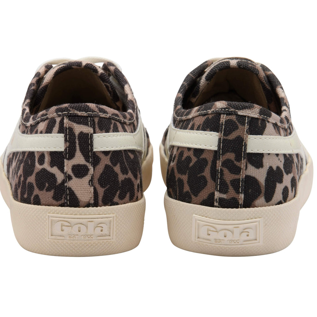 Pair of leopard print trainers with white soles on a white background