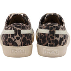 Pair of leopard print trainers with white soles on a white background