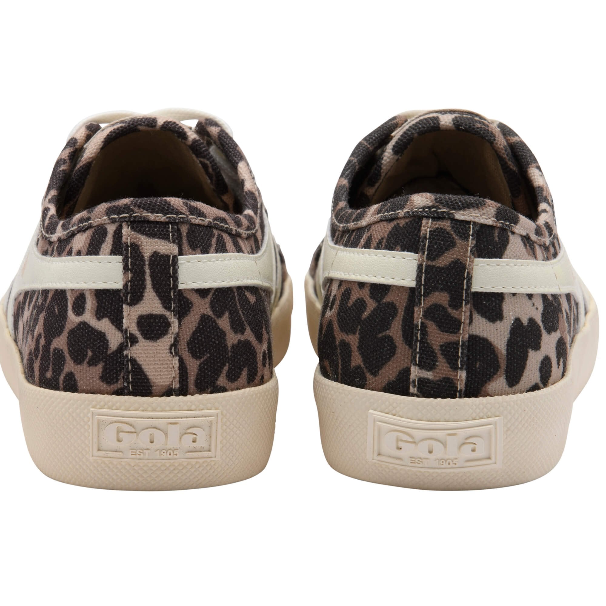 Pair of leopard print trainers with white soles on a white background