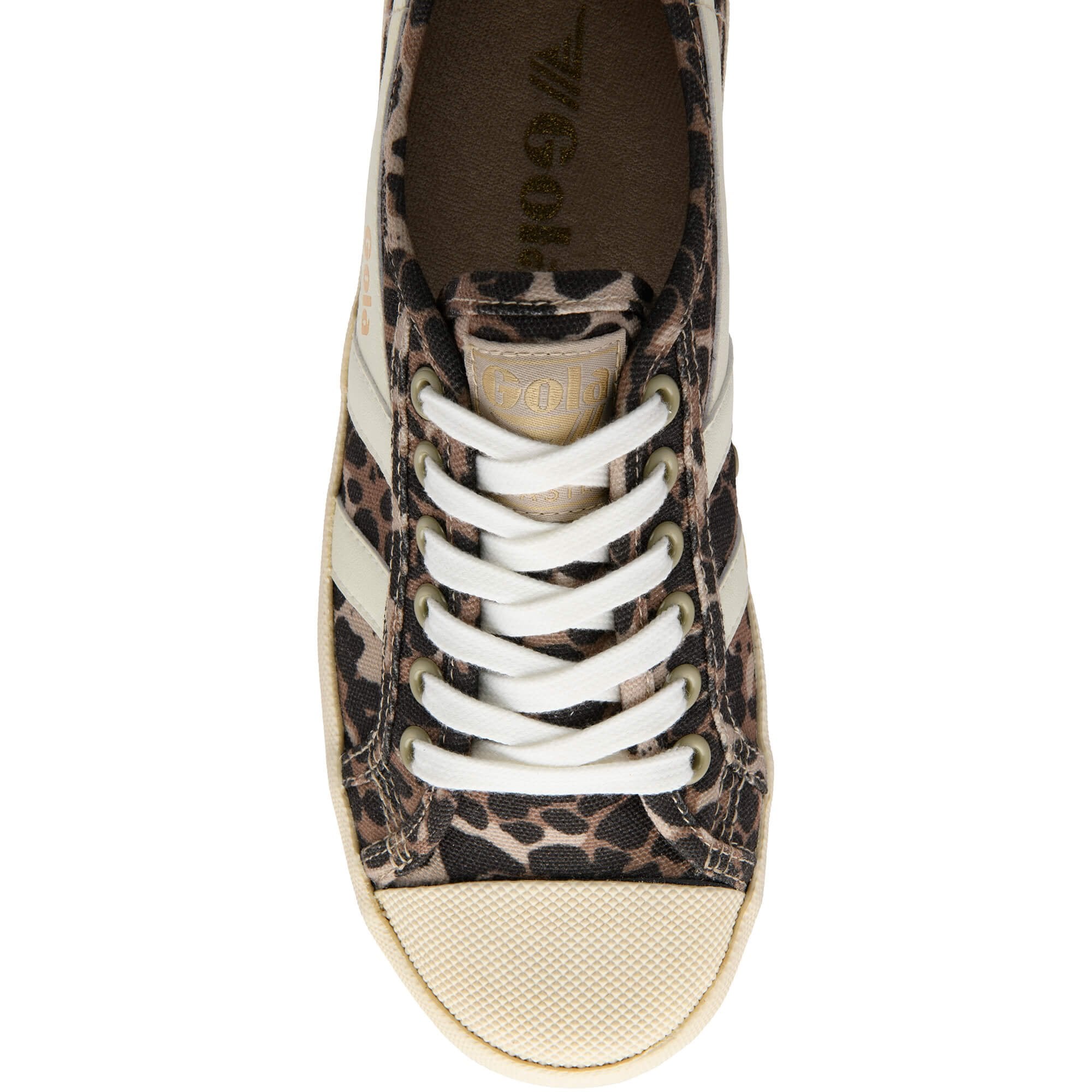 Leopard print trainer with white laces on a white background