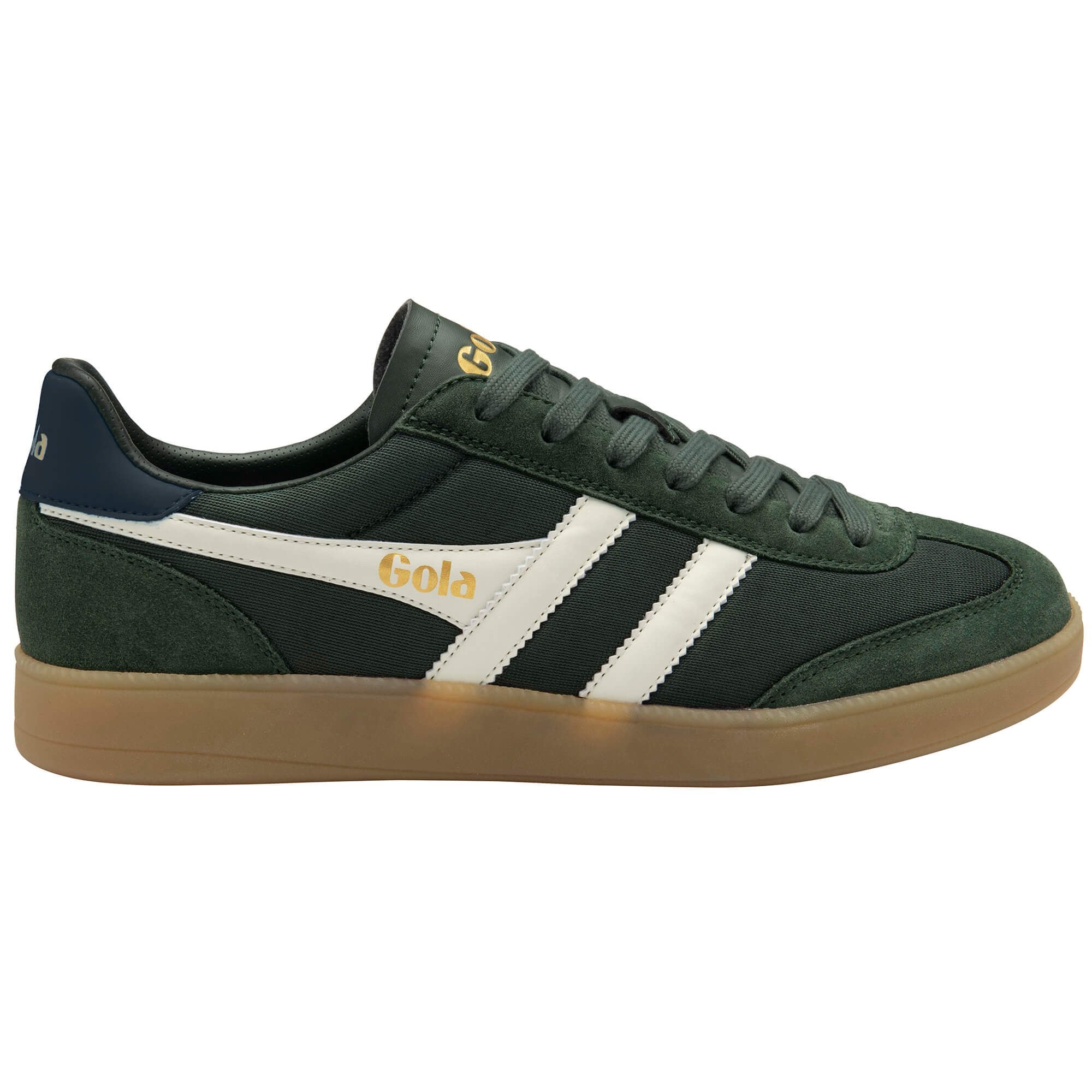 Green trainer with white stripes and gold logo on a white background