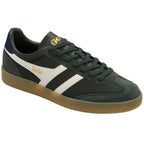 Gola men's low-top sneaker in dark green with white stripes and a gum sole