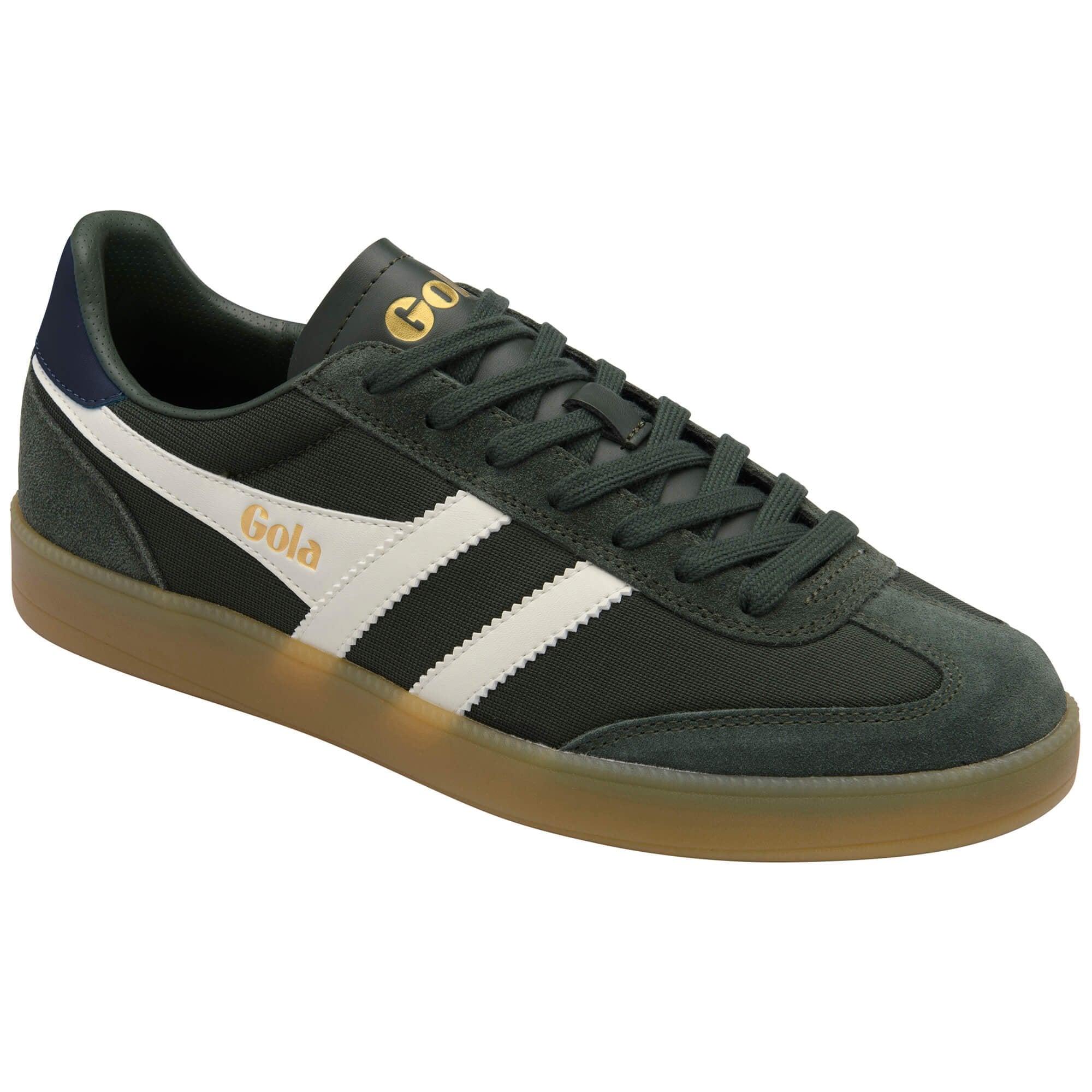 Gola men's low-top sneaker in dark green with white stripes and a gum sole