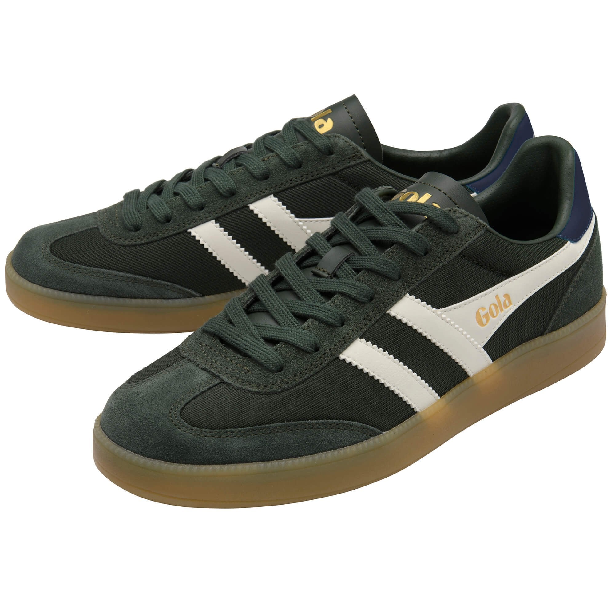 Pair of Gola sneakers in dark green with white stripes and gum soles