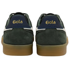 Pair of Gola sneakers, dark green with navy blue heel tabs and gold Gola branding, brown gum soles