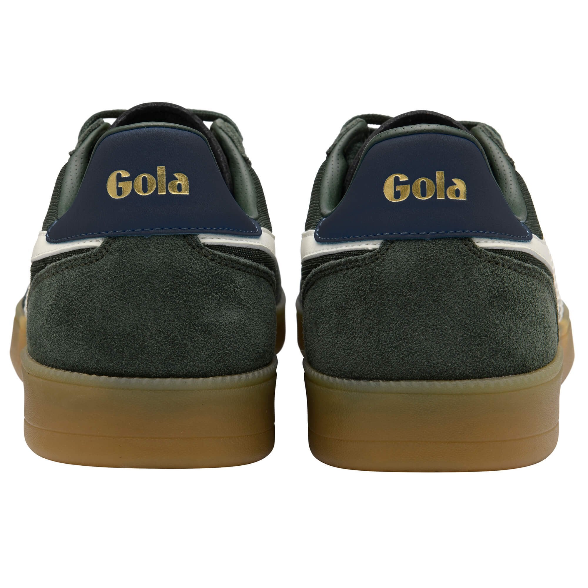 Pair of Gola sneakers, dark green with navy blue heel tabs and gold Gola branding, brown gum soles