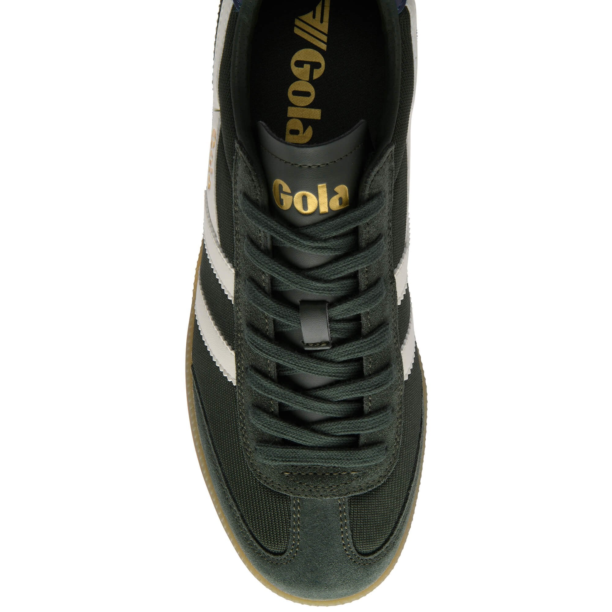 Top down view of a dark green Gola sneaker with white stripes and a gum sole