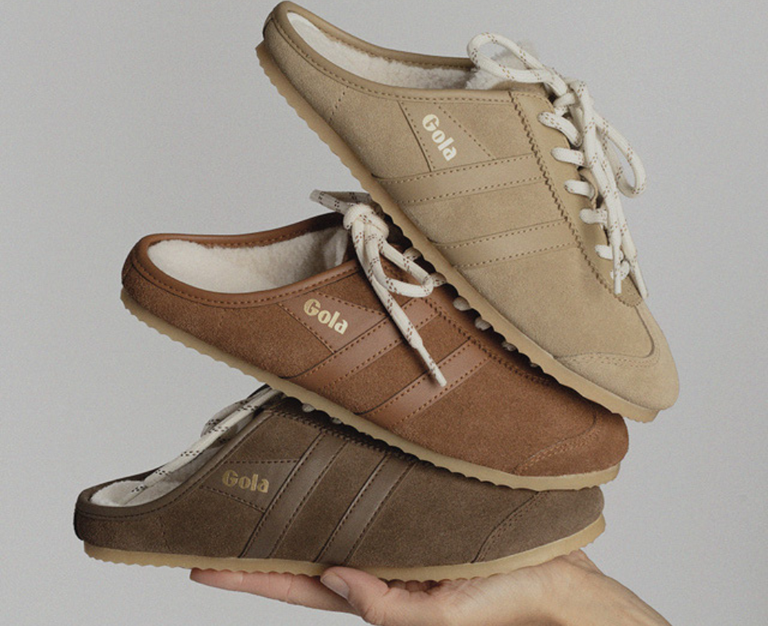 Three stacked Gola suede mule trainers in beige brown and dark brown with fleece lining