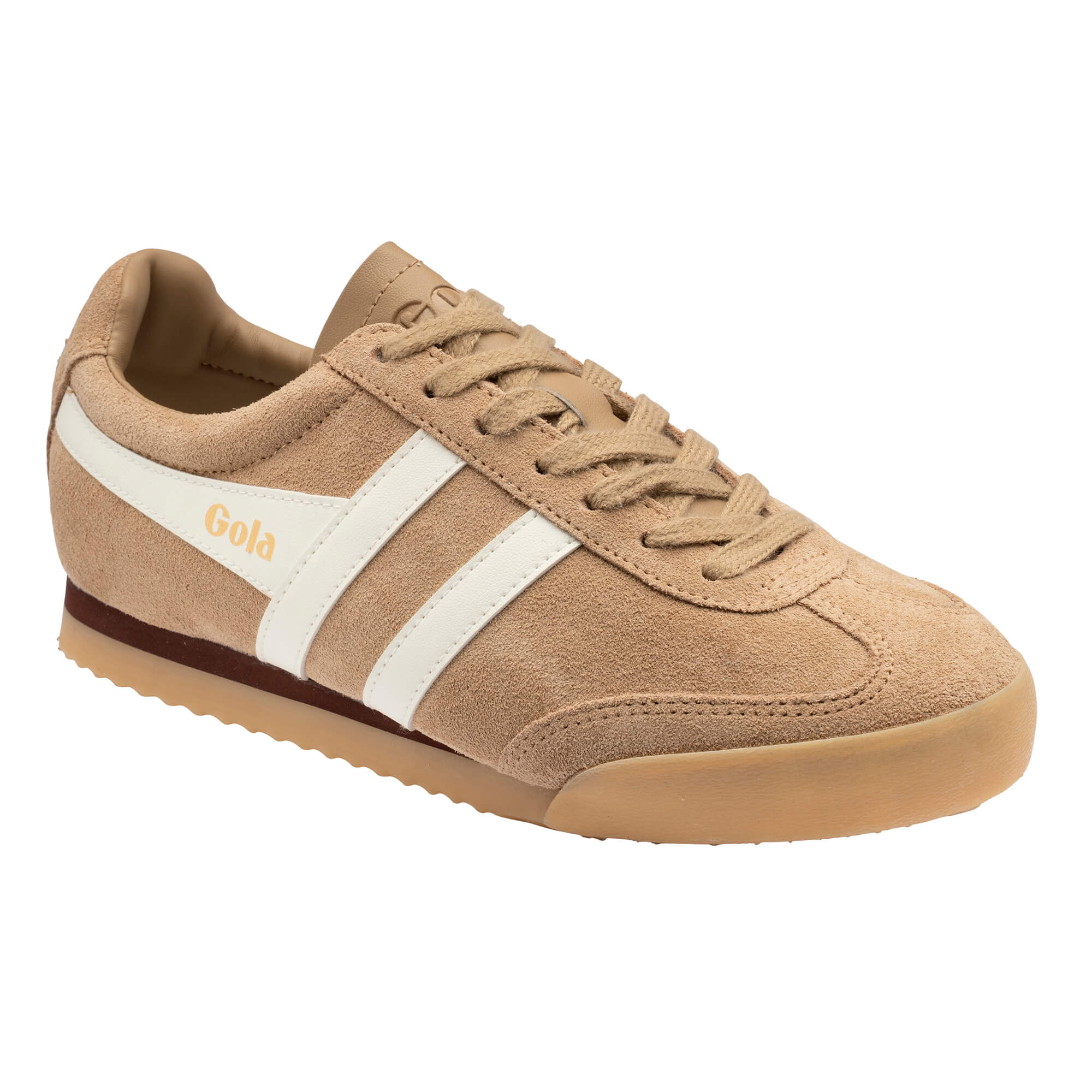 Gola Harrier suede trainer in tan with white side stripes