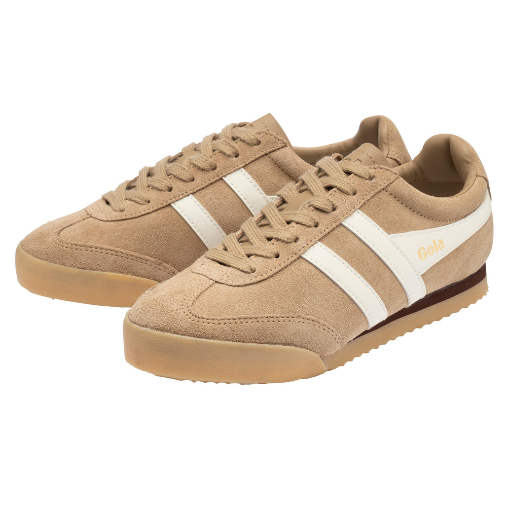 Pair of Gola Harrier trainers in tan suede with white stripes and a brown heel accent