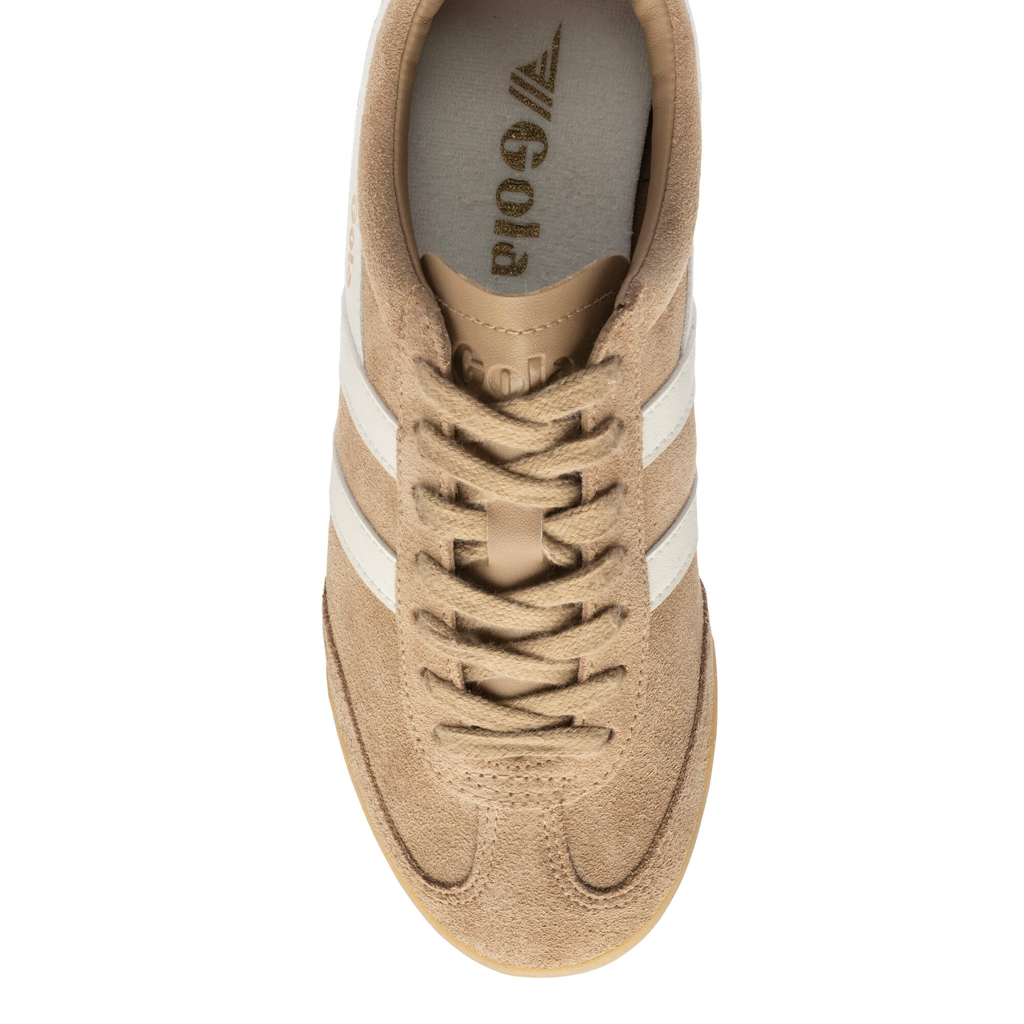 Top-down view of a Gola Harrier trainer in beige suede with white stripes and laces