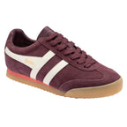 Gola men's trainer in burgundy suede with white stripes and a gum sole
