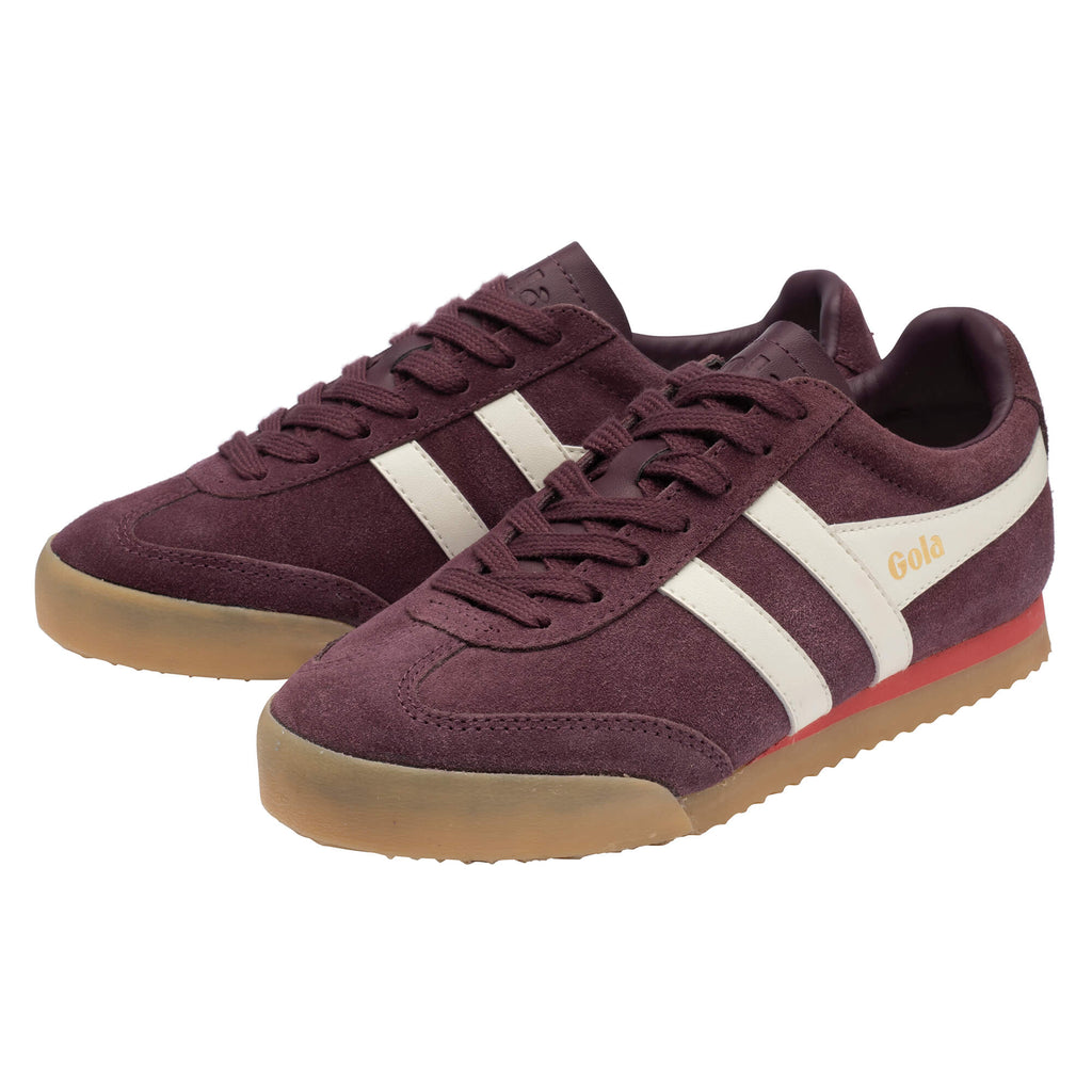 Pair of Gola Harrier trainers in burgundy suede with white stripes and a gum sole