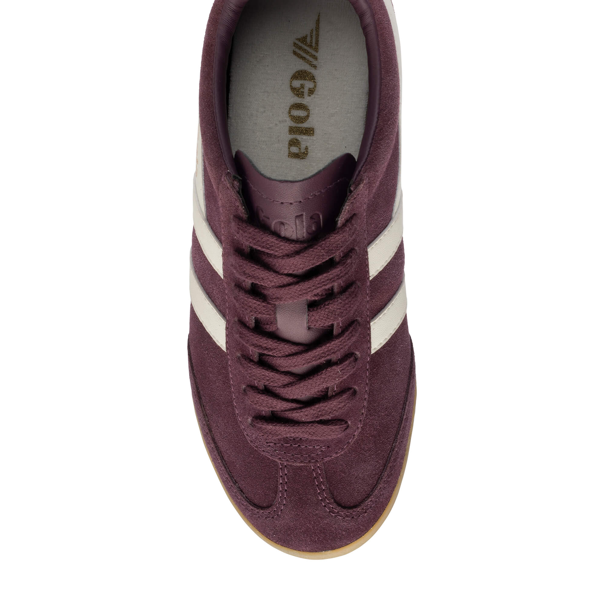Top-down view of a single Gola Harrier trainer in burgundy suede with white stripes and laces