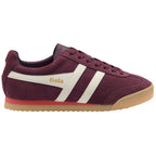 Gola men's trainer in burgundy suede with cream stripes and a gum sole