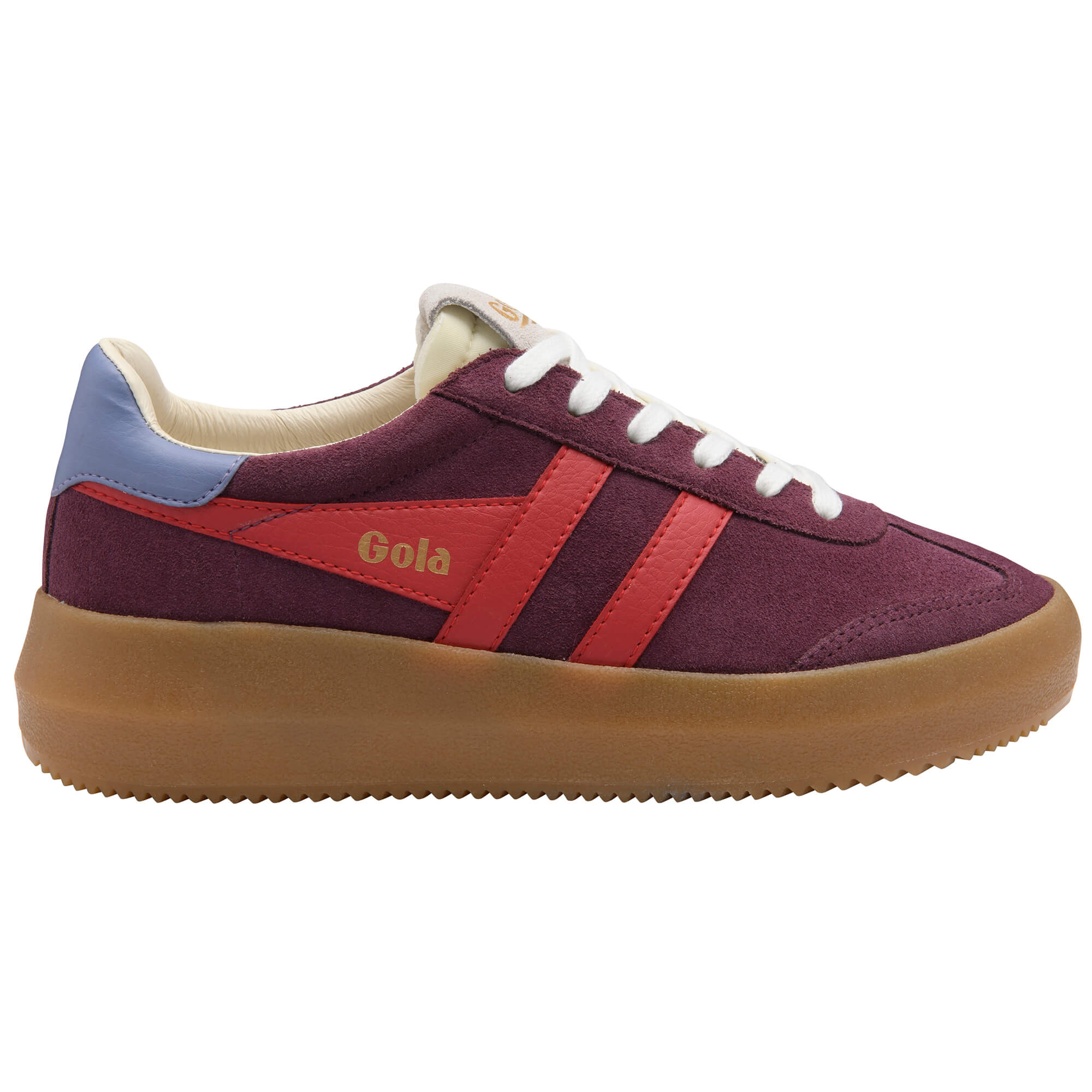 Gola women's trainer in burgundy suede with red stripes and a gum sole