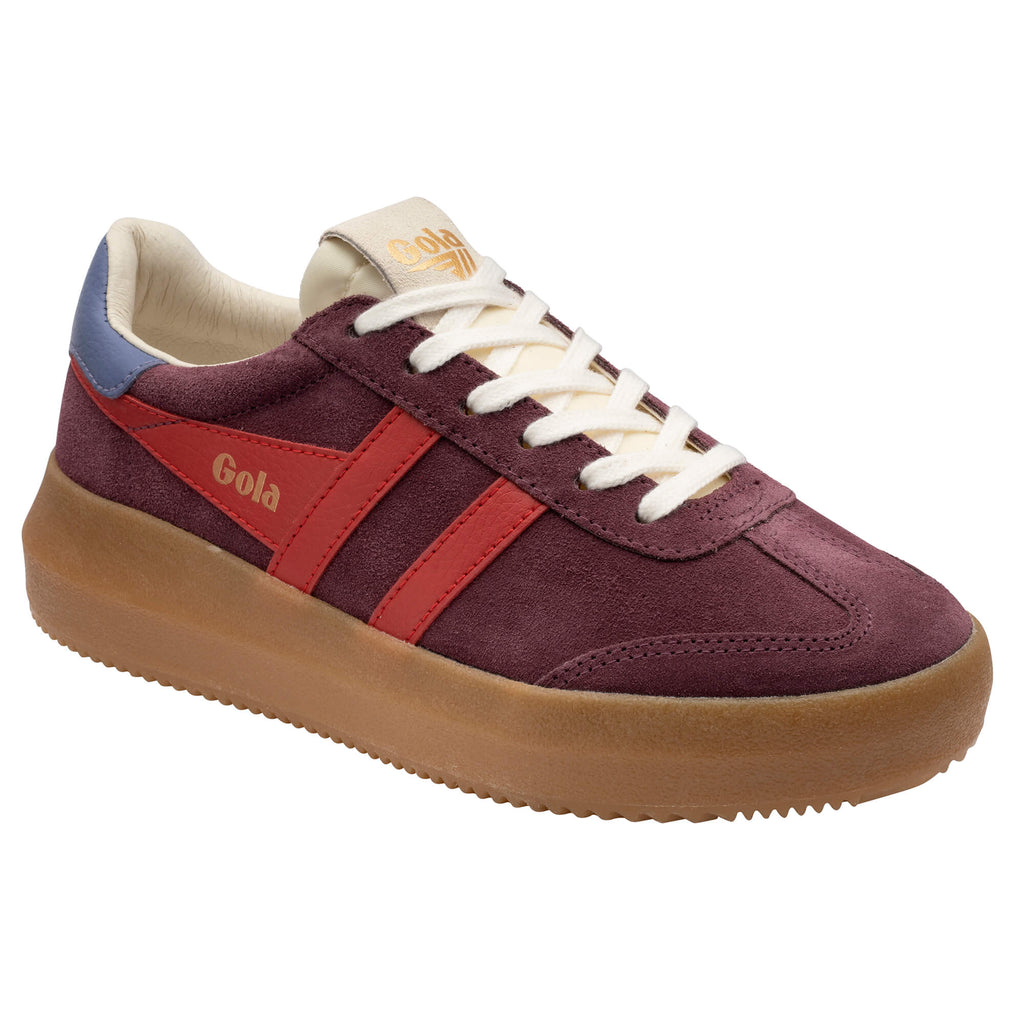 Gola women's trainer in burgundy suede with red side stripes, white laces, and a gum sole