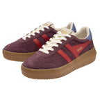 Pair of Gola trainers in burgundy suede with red stripes, white laces, and a tan platform sole