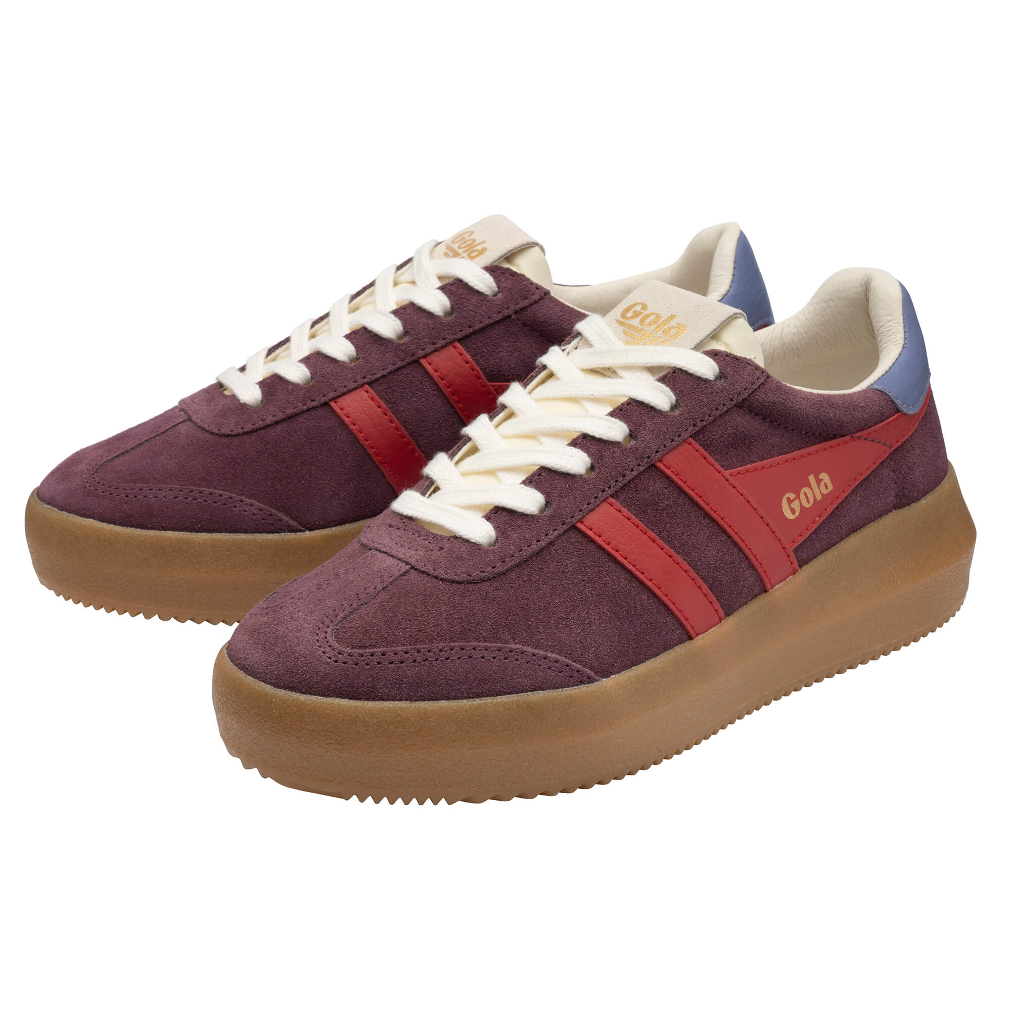 Pair of Gola trainers in burgundy suede with red stripes, white laces, and a tan platform sole