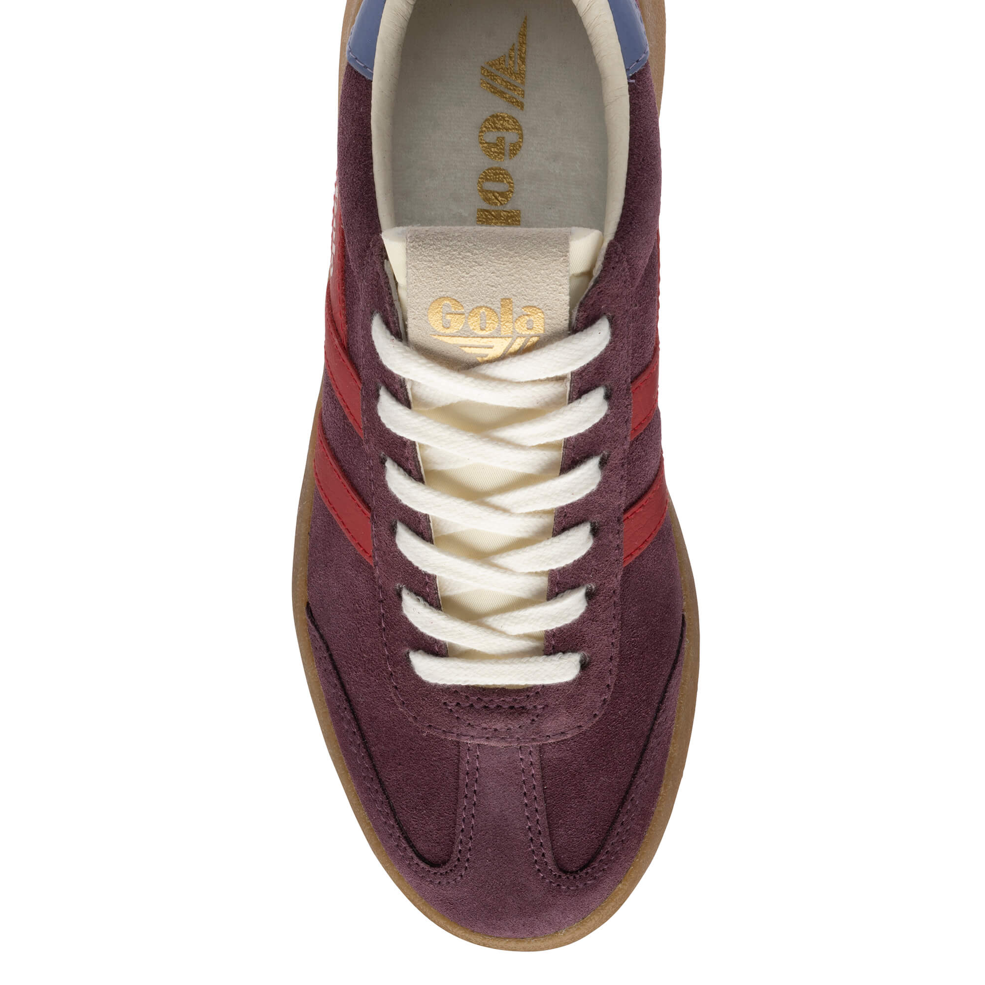 Top-down view of a Gola trainer in plum suede with red stripes and cream laces