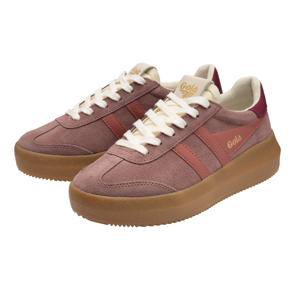 Pair of Gola Elan Platform trainers in dusky pink suede with white laces and a tan platform sole