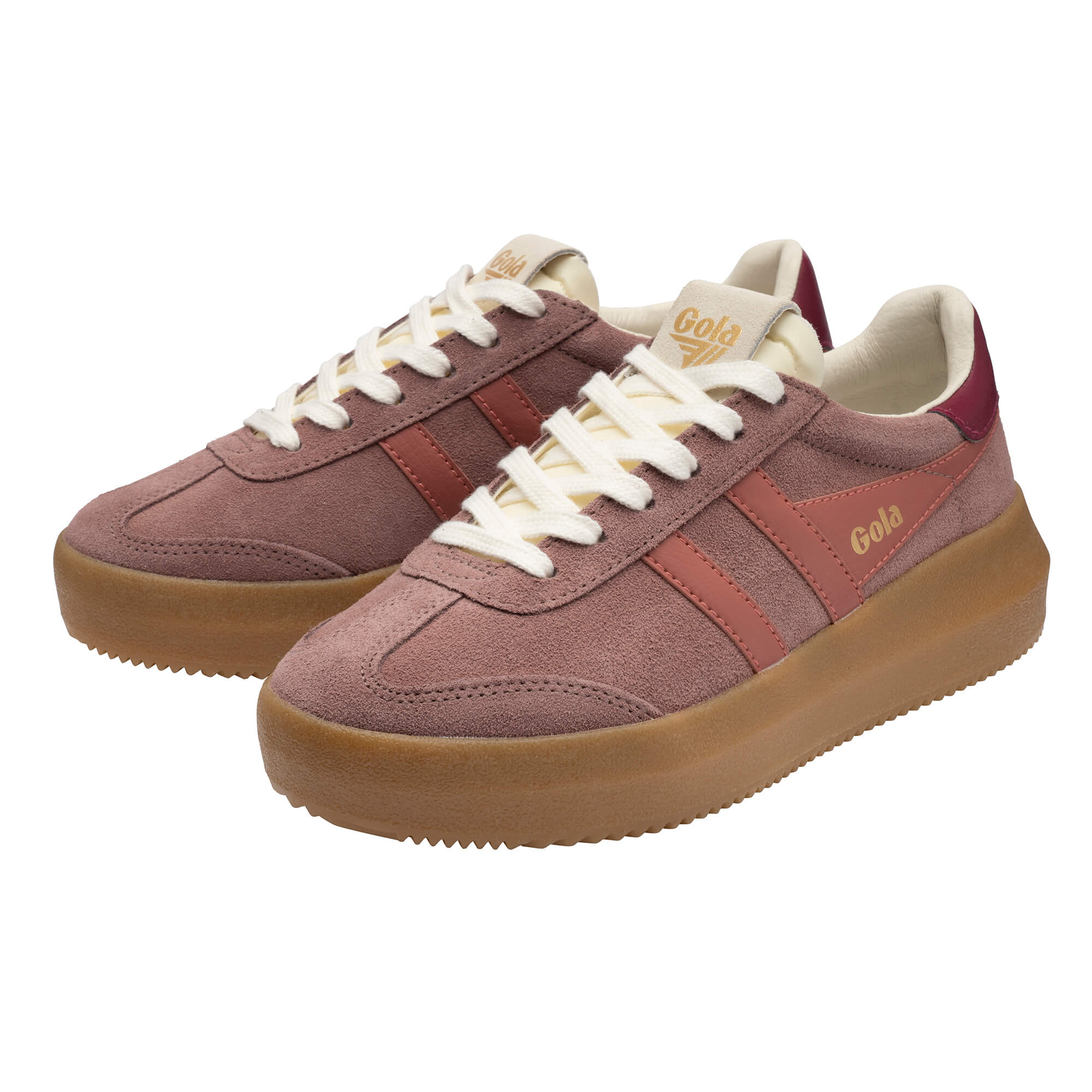 Pair of Gola Elan Platform trainers in dusky pink suede with white laces and a tan platform sole