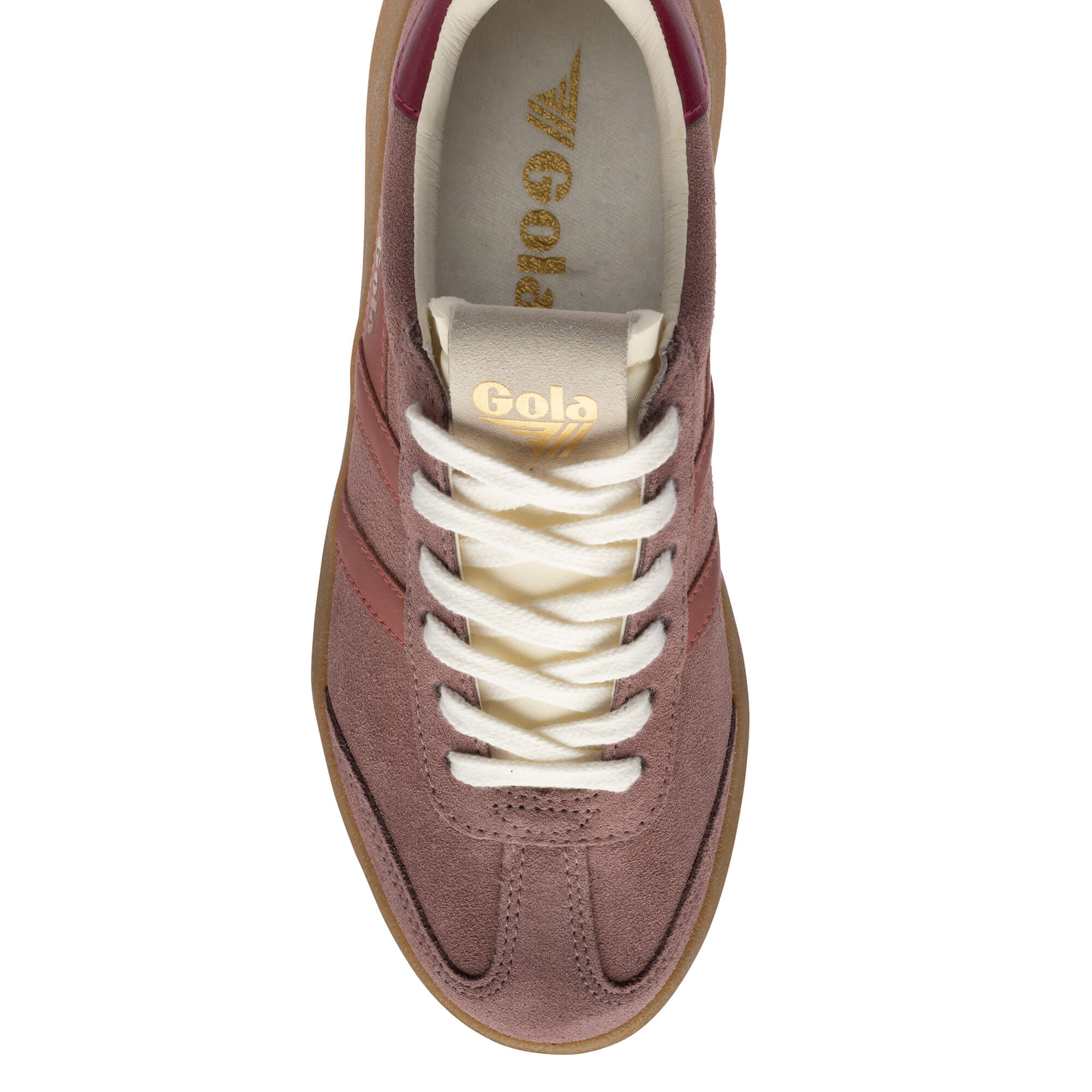 Top-down view of a Gola trainer in dusky pink suede with cream laces and a dark red heel accent