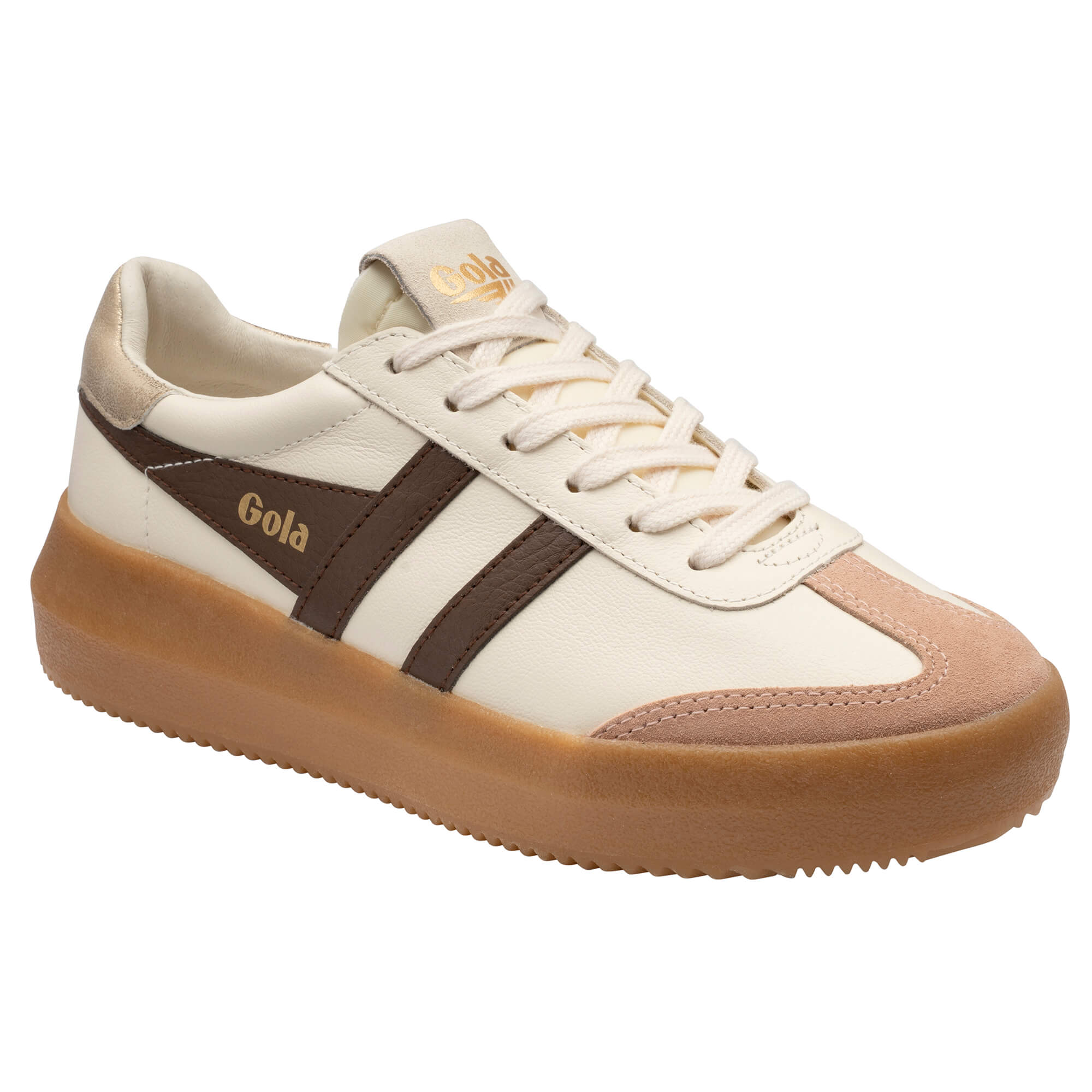 Gola women's trainer in off-white with brown stripes and a thick brown sole