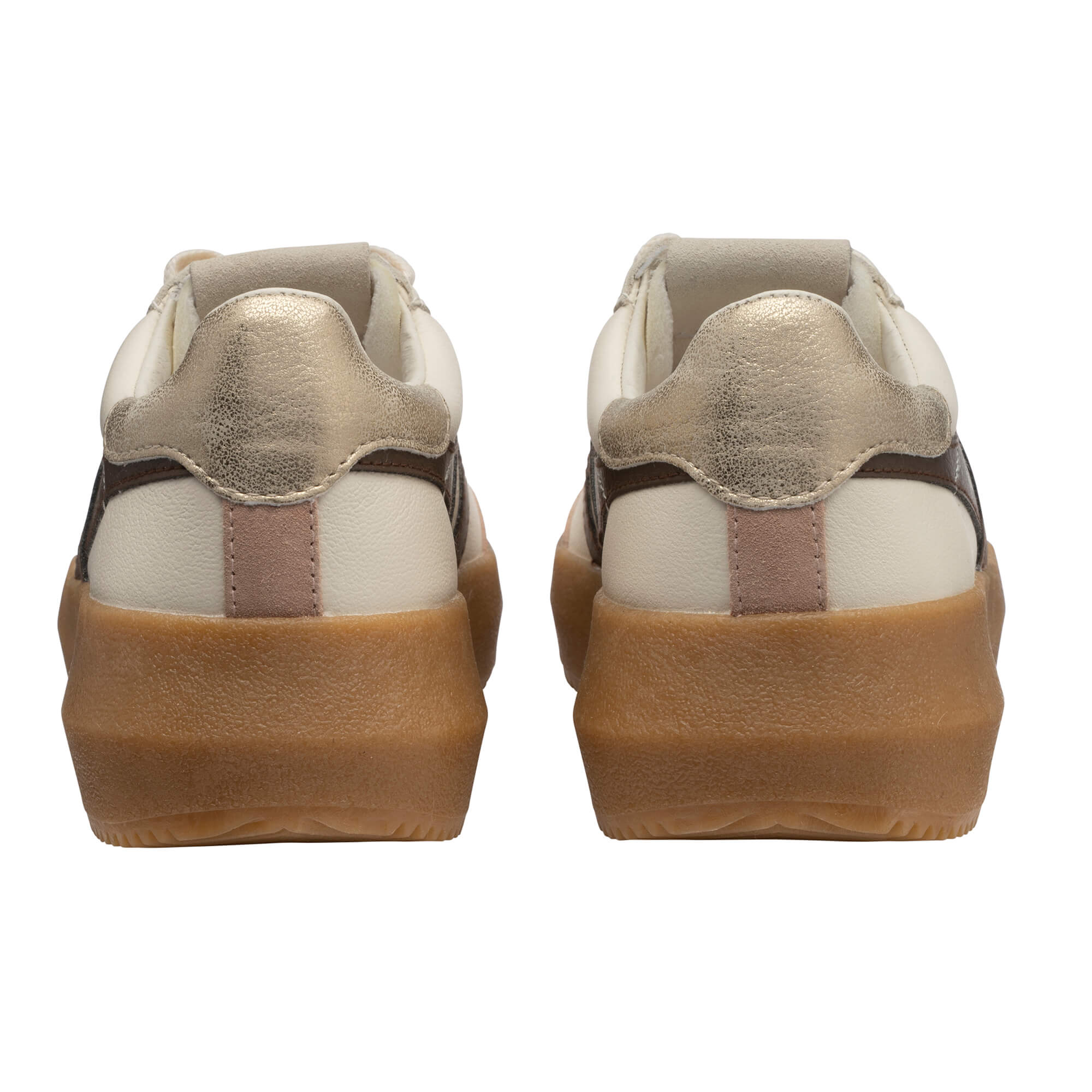 Pair of white and gold trainers with brown soles, rear view