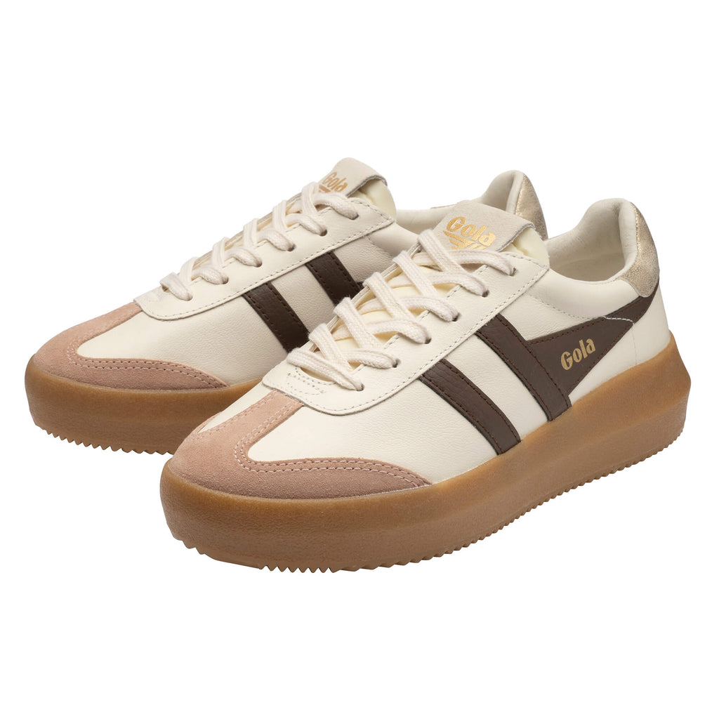 Pair of Gola trainers in off-white with brown stripes and a thick brown sole